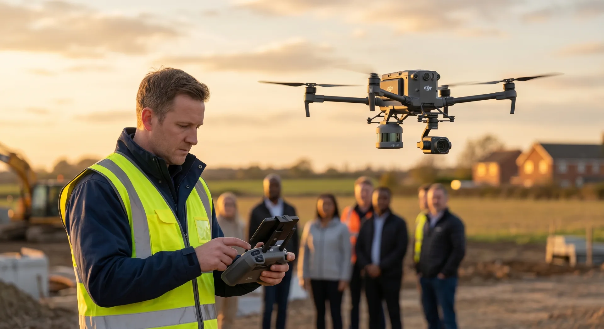 ZEALOT pilot operating a DJI drone with LiDAR payload while a client team observes at sunset