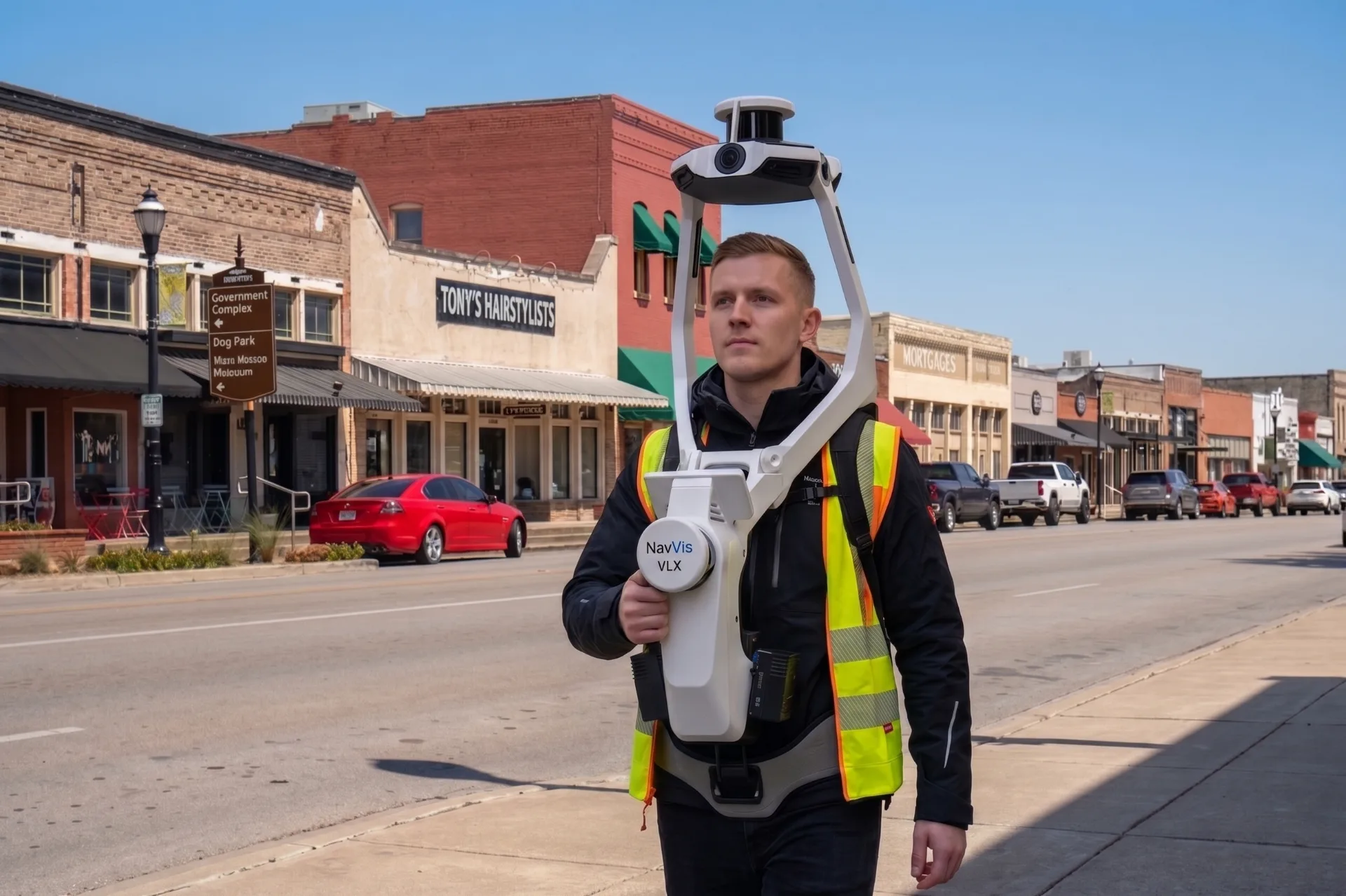 ZEALOT technician walking a downtown street with a NavVis VLX3 mobile LiDAR scanner