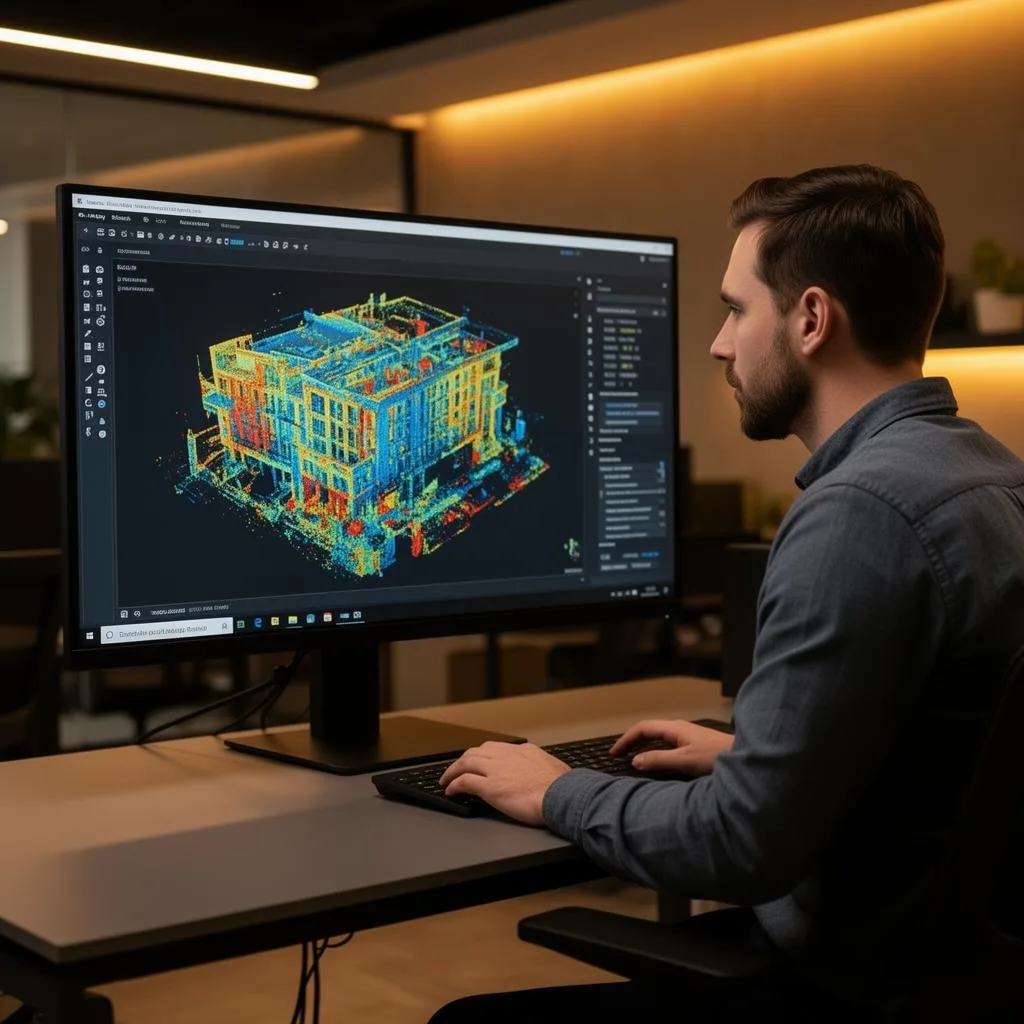 ZEALOT specialist reviewing a colorized 3D point cloud of a building in processing software
