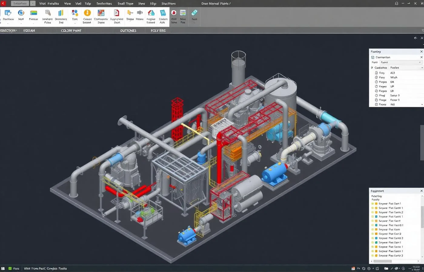 Revit BIM model of an industrial process plant with color-coded piping systems