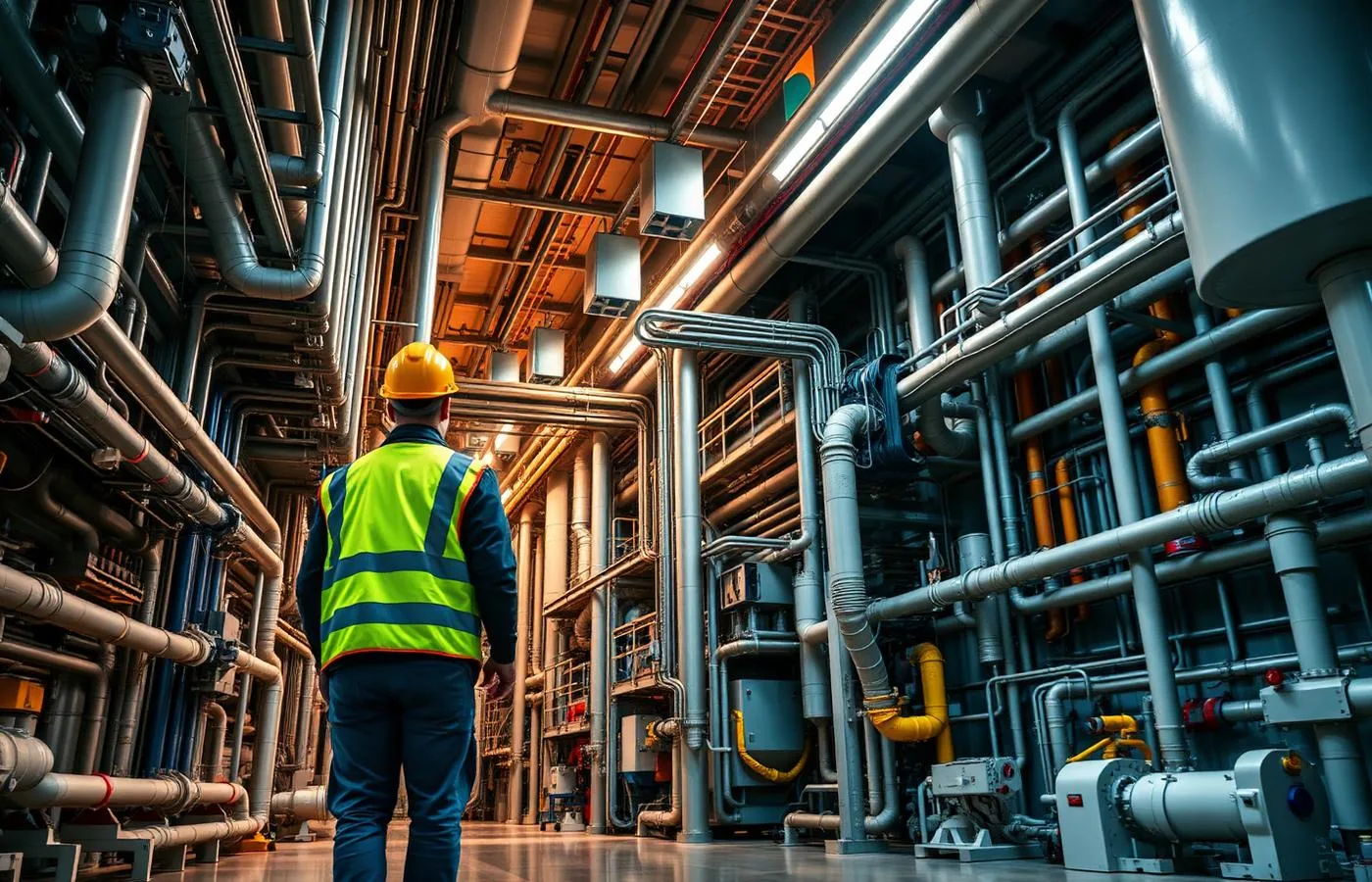 Technician operating a mobile LiDAR scanner inside a dense industrial process plant