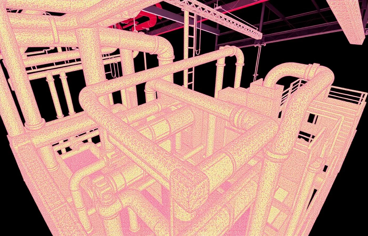 Colorized 3D point cloud of an industrial process facility showing piping and equipment