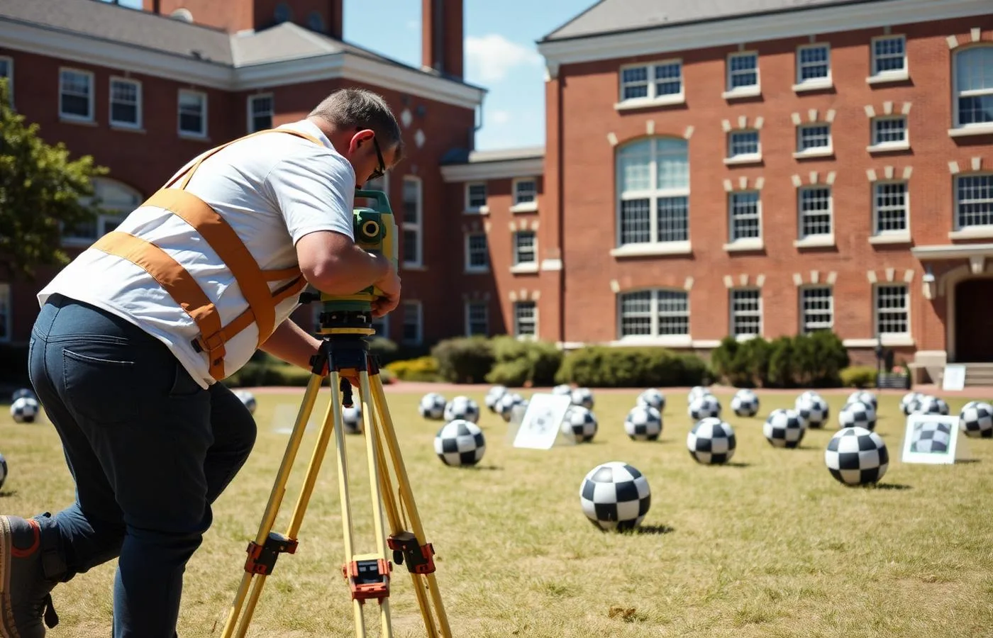 Surveyor placing scan control targets across a university quad