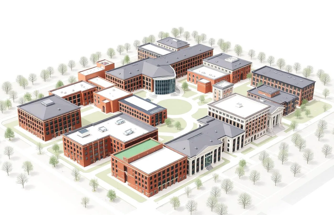 Federated BIM model of a university campus showing all buildings stitched together